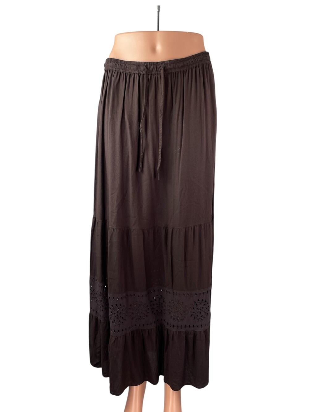 Bass Women's Brown Floral Eyelet Tiered Ruffled Flowy Boho Maxi A-Line Skirt M
